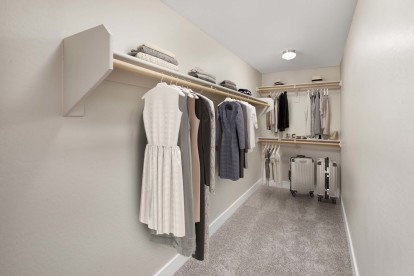 Large walk-in closet with wooden shelves and rods