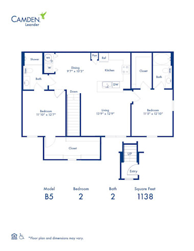 B5 floor plan at Camden Leander apartment homes in Leander, TX - a 2 bed x 2 bath apartment hom