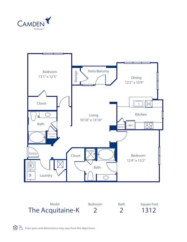 Blueprint of Acquitane K Floor Plan, 2 Bedrooms and 2 Bathrooms at Camden Yorktown Apartments in Houston, TX