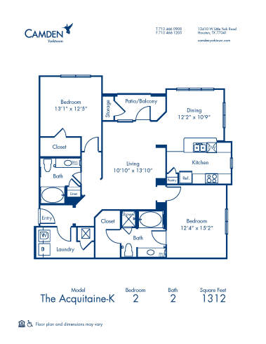 Blueprint of Acquitane K Floor Plan, 2 Bedrooms and 2 Bathrooms at Camden Yorktown Apartments in Houston, TX