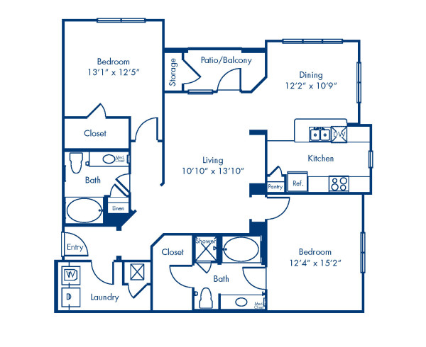 Blueprint of Acquitane K Floor Plan, 2 Bedrooms and 2 Bathrooms at Camden Yorktown Apartments in Houston, TX