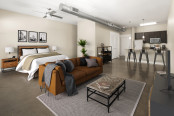 Loft-style living and bedroom at Camden Farmers Market Apartments in Dallas, TX