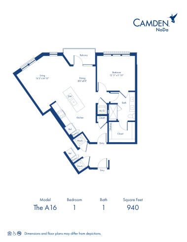 The A16 floor plan, 1 bed, 1 bath at Camden NoDa Apartments in Charlotte, NC