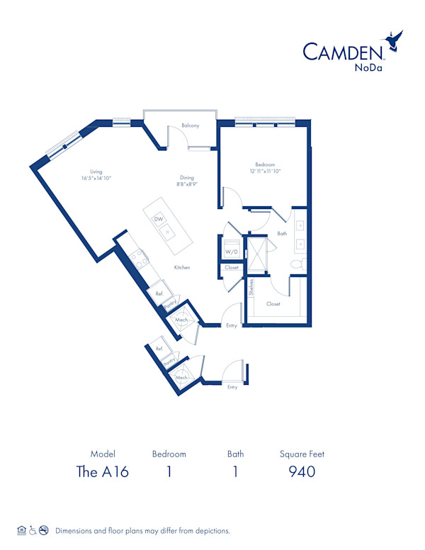 The A16 floor plan, 1 bed, 1 bath at Camden NoDa Apartments in Charlotte, NC