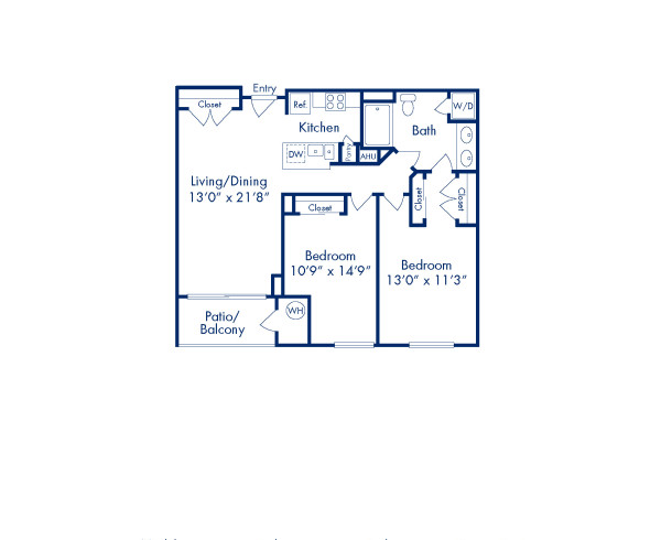 Blueprint of Emerson Floor Plan, 2 Bedrooms and 1 Bathroom at Camden Potomac Yard Apartments in Arlington, VA