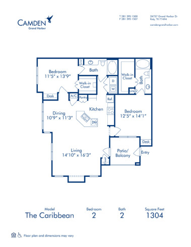 Blueprint of The Caribbean Floor Plan, 2 Bedrooms and 2 Bathrooms at Camden Grand Harbor  Apartments in Katy, TX