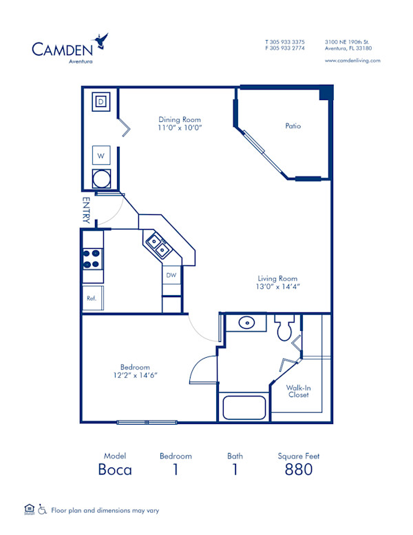 Blueprint of Boca Floor Plan, Apartment Home with 1 Bedroom and 1 Bathroom at Camden Aventura in Aventura, FL