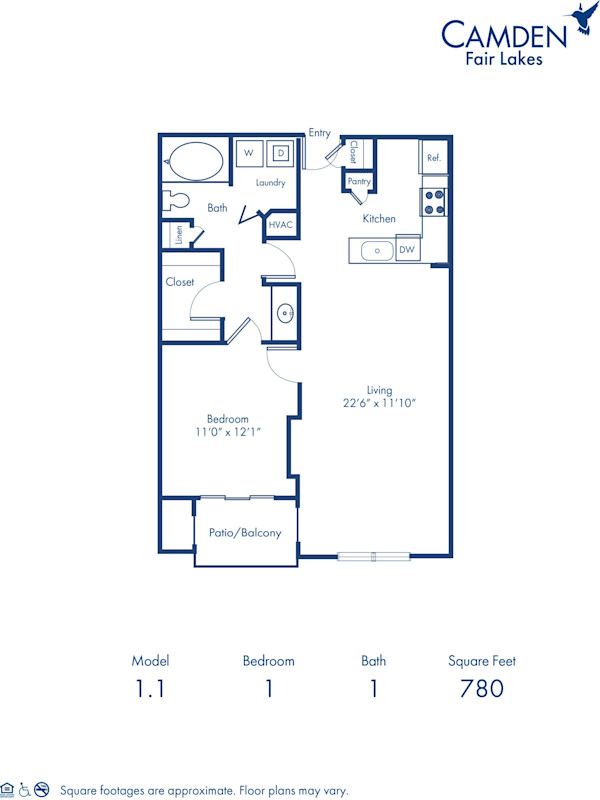 Blueprint of 1.1 Floor Plan, 1 Bedroom and 1 Bathroom at Camden Fair Lakes Apartments in Fairfax, VA