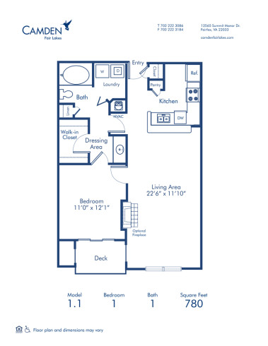 Blueprint of 1.1 Floor Plan, 1 Bedroom and 1 Bathroom at Camden Fair Lakes Apartments in Fairfax, VA