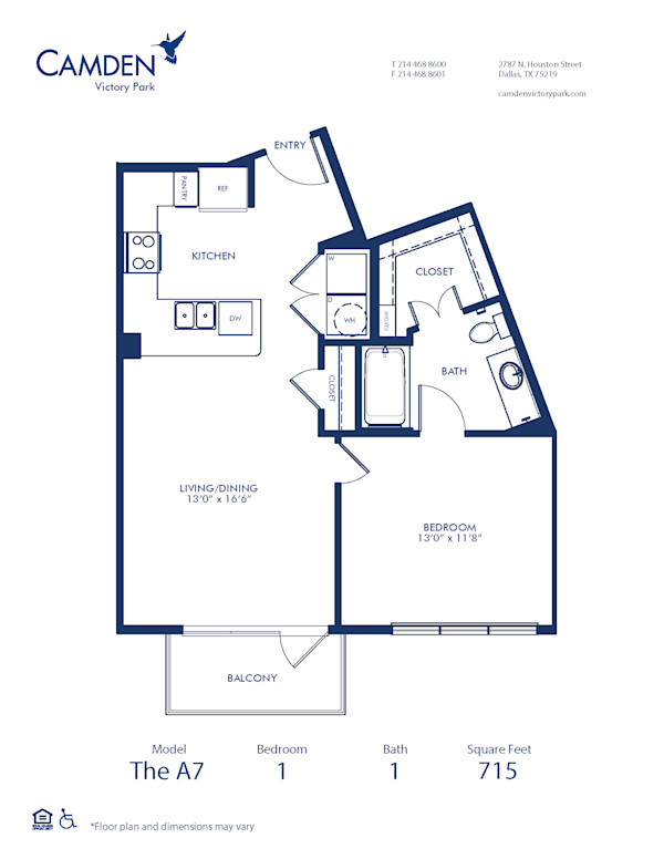   Blueprint of A7 Floor Plan, 1 Bedroom and 1 Bathroom at Camden Victory Park Apartments in Dallas, TX
