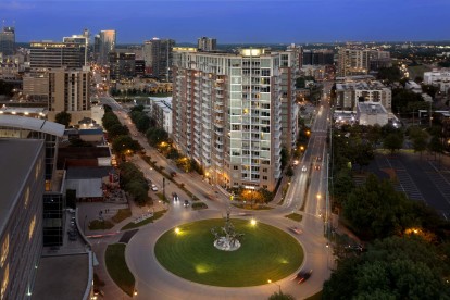 Aerial twilight view of Camden Music Row looking toward downtown Nashville