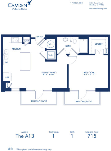 Blueprint of A13 Floor Plan at Camden McGowen Station One Bedroom Apartments in Midtown Houston