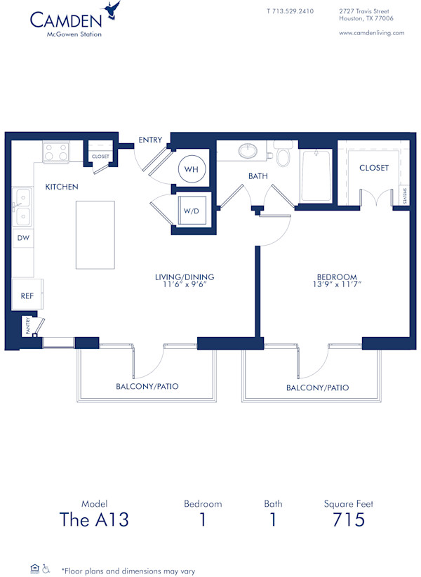 Blueprint of A13 Floor Plan at Camden McGowen Station One Bedroom Apartments in Midtown Houston