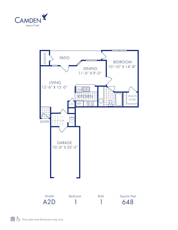 Blueprint of A2D Floor Plan, 1 Bedroom and 1 Bathroom at Camden Legacy Creek Apartments in Plano, TX