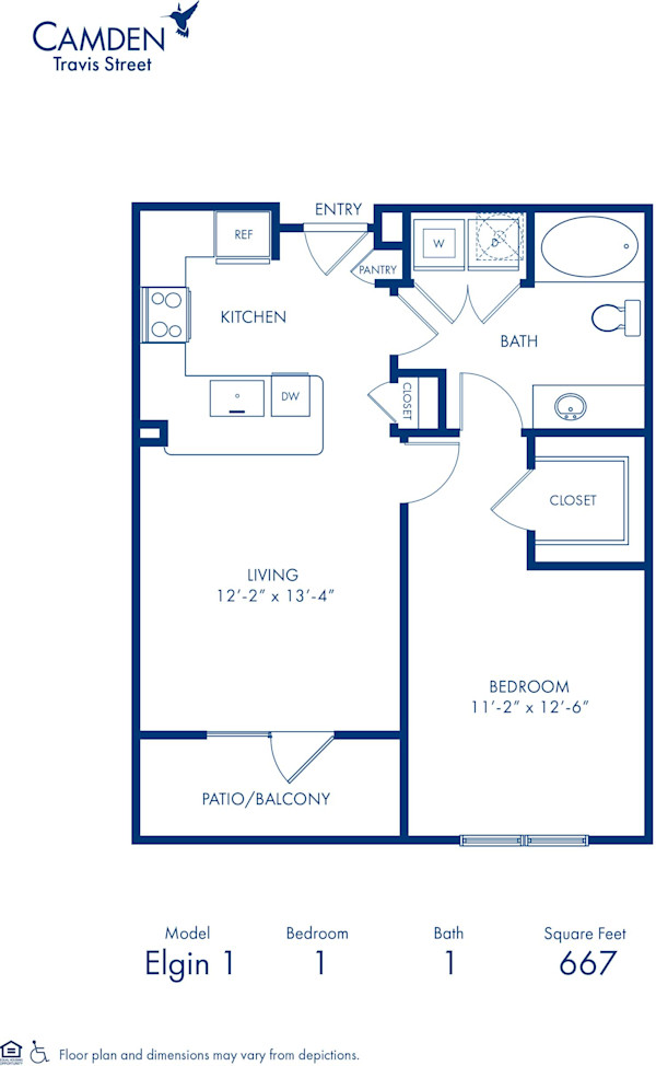 Blueprint of Elgin2 Floor Plan, 1 Bedroom and 1 Bathroom at Camden Travis Street Apartments in Houston, TX