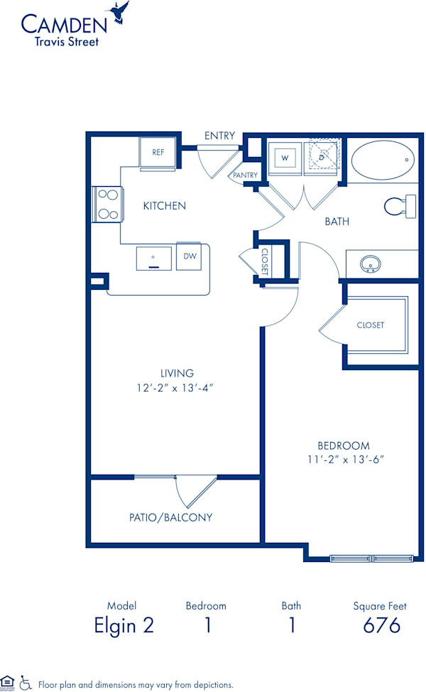 Blueprint of Elgin2 Floor Plan, 1 Bedroom and 1 Bathroom at Camden Travis Street Apartments in Houston, TX