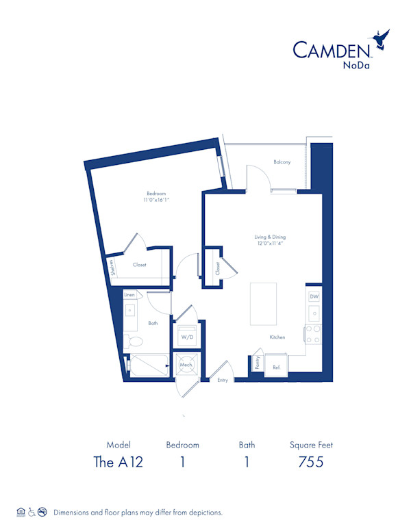 The A12 floor plan, 1 bed, 1 bath at Camden NoDa Apartments in Charlotte, NC