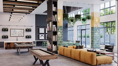 Rendering of gaming lounge with entertaining bar, billiards, and shuffleboard at Camden Nations apartments in Nashville, TN