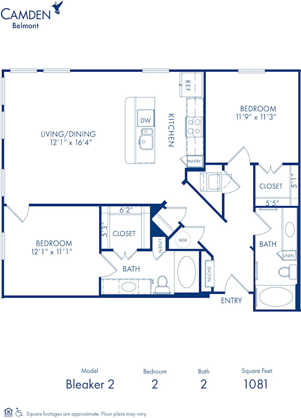 Blueprint of Bleaker 2 Floor Plan, 2 Bedrooms and 2 Bathrooms at Camden Belmont Apartments in Dallas, TX