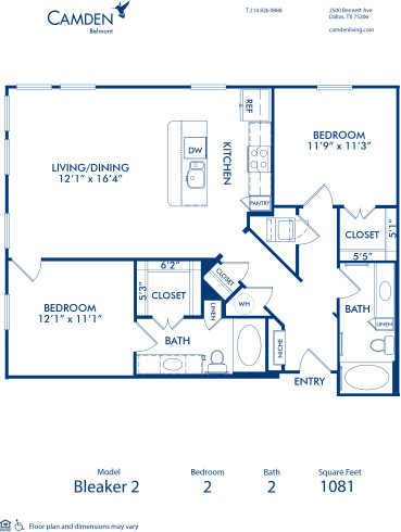 Blueprint of Bleaker 2 Floor Plan, 2 Bedrooms and 2 Bathrooms at Camden Belmont Apartments in Dallas, TX