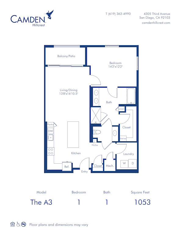 Camden Hillcrest apartments in San Diego, California one bedroom, one bath floor plan The A3