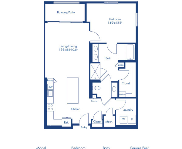 Camden Hillcrest apartments in San Diego, California one bedroom, one bath floor plan The A3