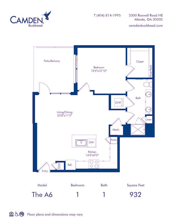 Camden Buckhead apartments Atlanta, Georgia 1 bedroom, 1 bath, floor plan A6