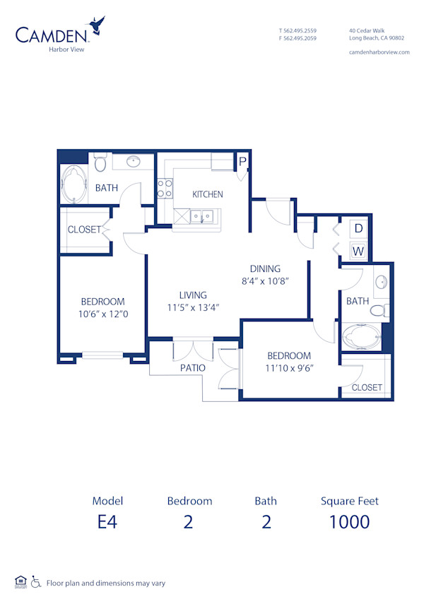 Blueprint of E4 Floor Plan, 2 Bedrooms and 2 Bathrooms at Camden Harbor View Apartments in Long Beach, CA