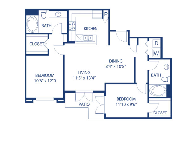 Blueprint of E4 Floor Plan, 2 Bedrooms and 2 Bathrooms at Camden Harbor View Apartments in Long Beach, CA