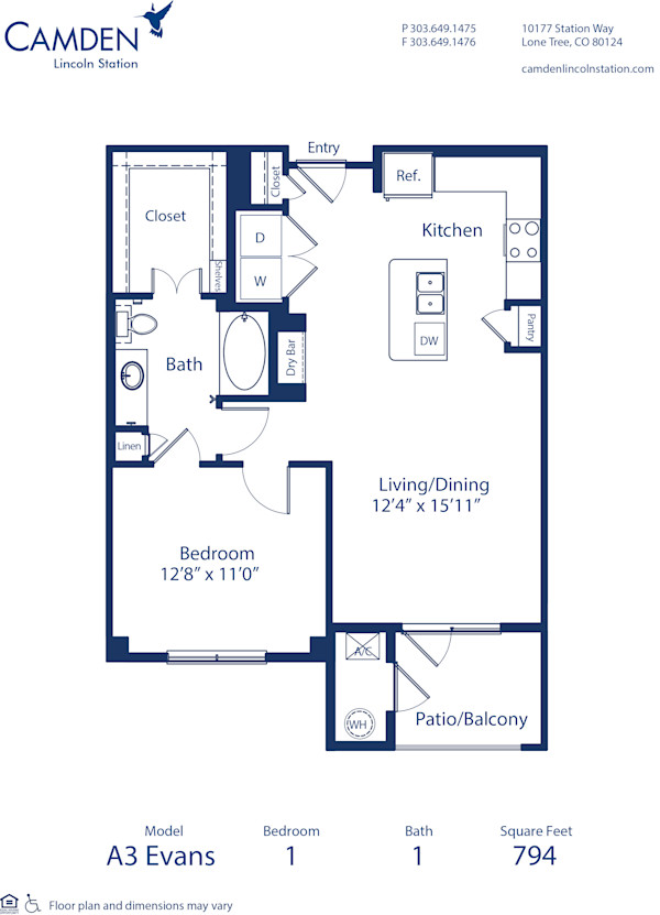 Blueprint of Evans Floor Plan, 1 Bedroom and 1 Bathroom at Camden Lincoln Station Apartments in Lone Tree, CO
