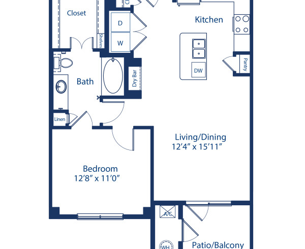 Blueprint of Evans Floor Plan, 1 Bedroom and 1 Bathroom at Camden Lincoln Station Apartments in Lone Tree, CO