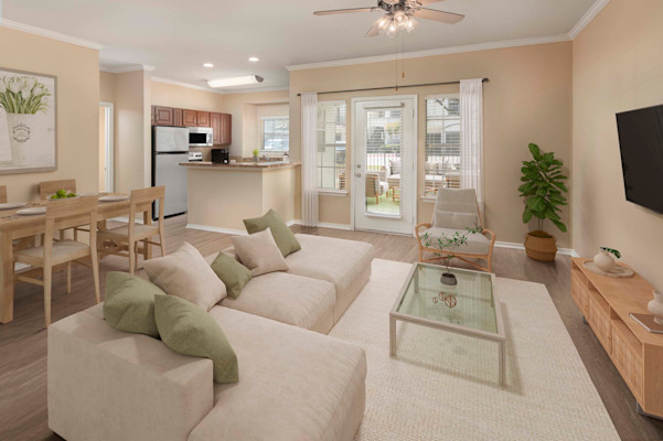 First-floor home with wood-style flooring at Camden Legacy Creek apartments in Plano, TX