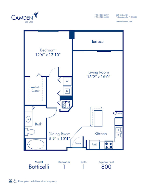 Blueprint of Botticelli A Floor Plan, 1 Bedroom and 1 Bathroom at Camden Las Olas Apartments in Fort Lauderdale, FL
