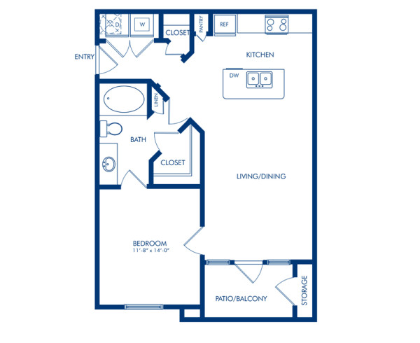 Blueprint of Cedar Floor Plan, 1 Bedroom and 1 Bathroom at Camden Whispering Oaks Apartments in Houston, TX
