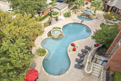 Aerial view of the pool and sundeck at Camden Centreport