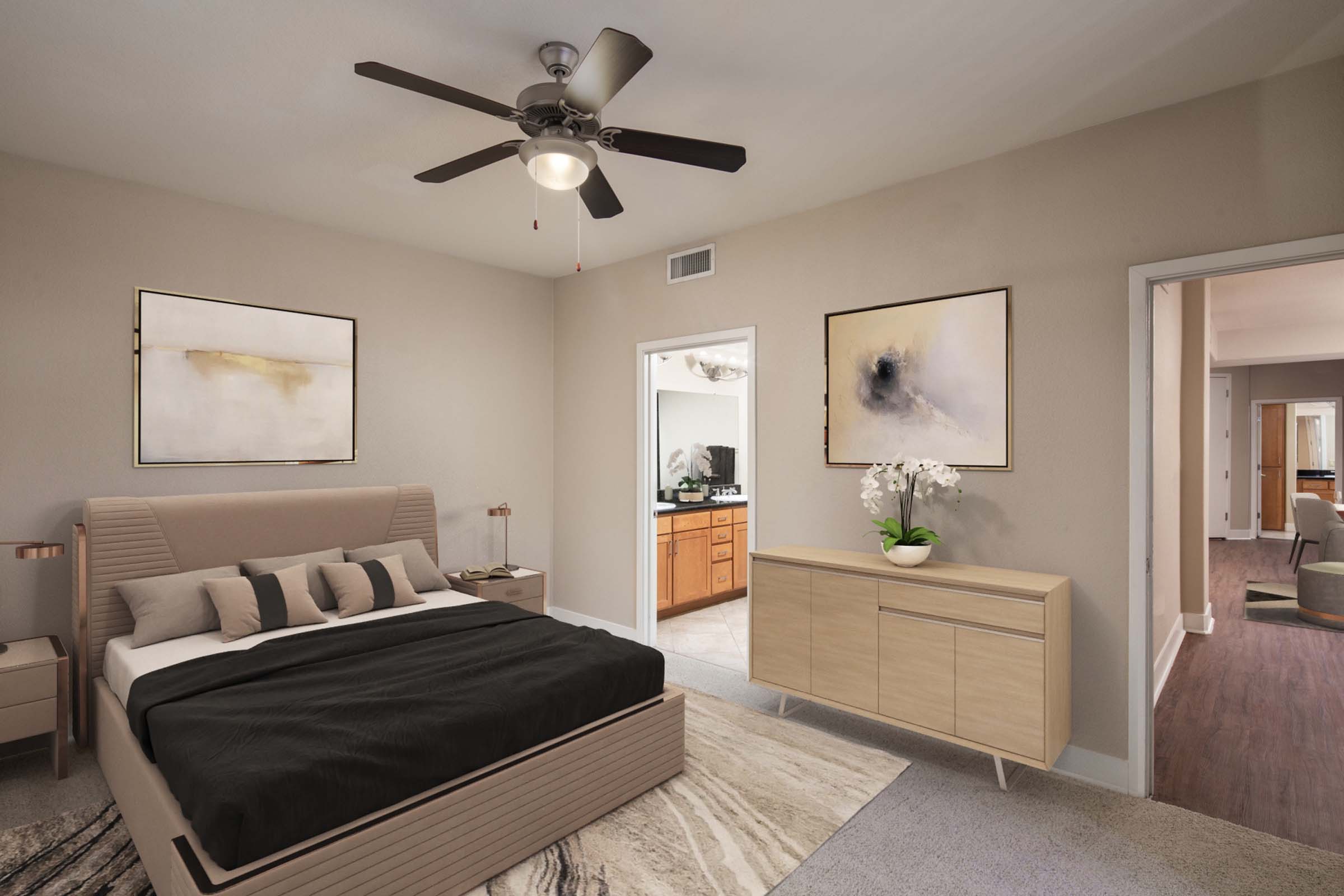 Bedroom with ensuite bath and ceiling fan