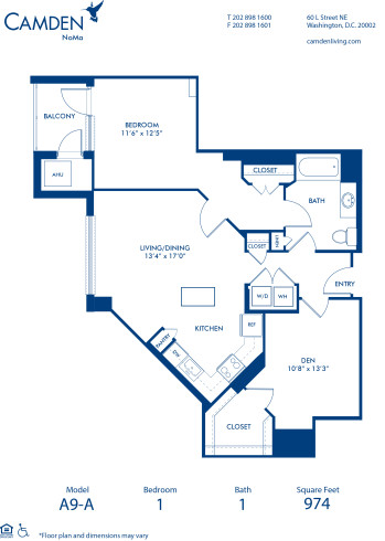 Blueprint of A9-A Floor Plan, 1 Bedroom and 1 Bathroom at Camden NoMa Apartments in Washington, DC