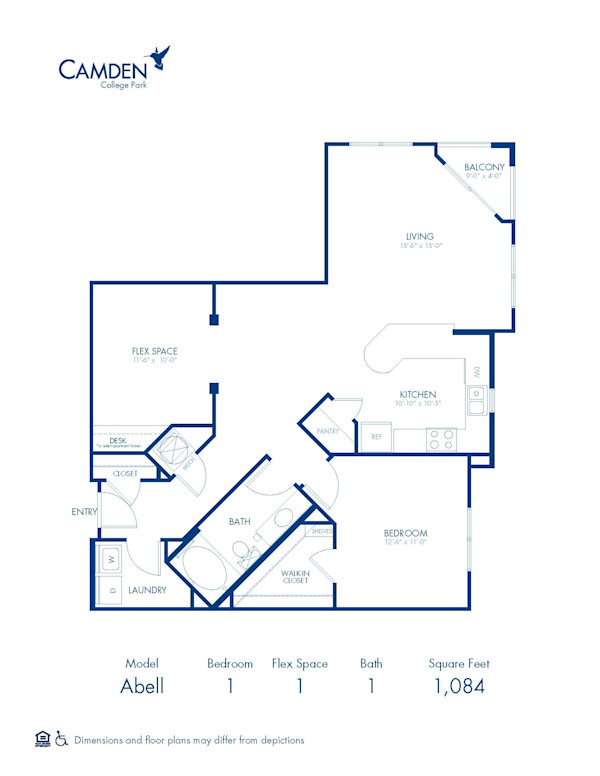 Blueprint of Abell Floor Plan, 1 Bedroom and 1 Bathroom at Camden College Park Apartments in College Park, MD
