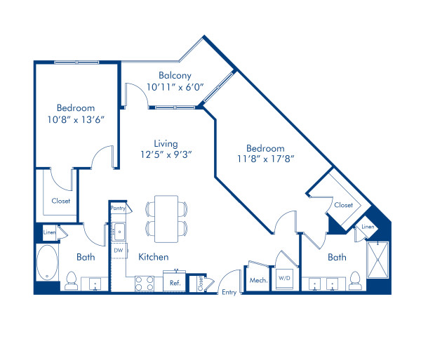 Camden Carolinian apartments in Raleigh, North Carolina two bedroom floor plan B2B
