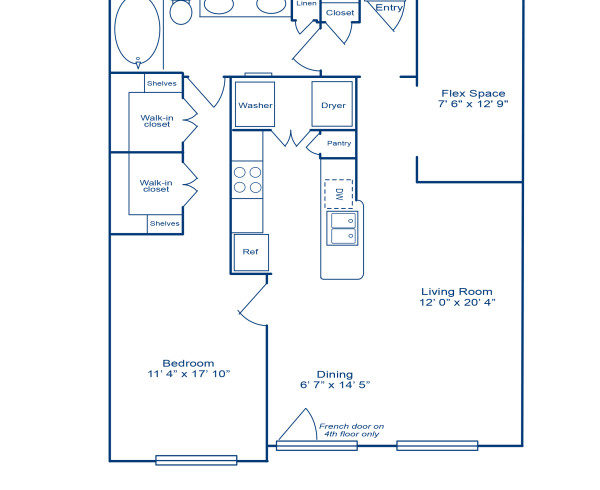 Blueprint of New Orleans Floor Plan, 1 Bedroom and 1 Bathroom at Camden City Centre Apartments in Houston, TX