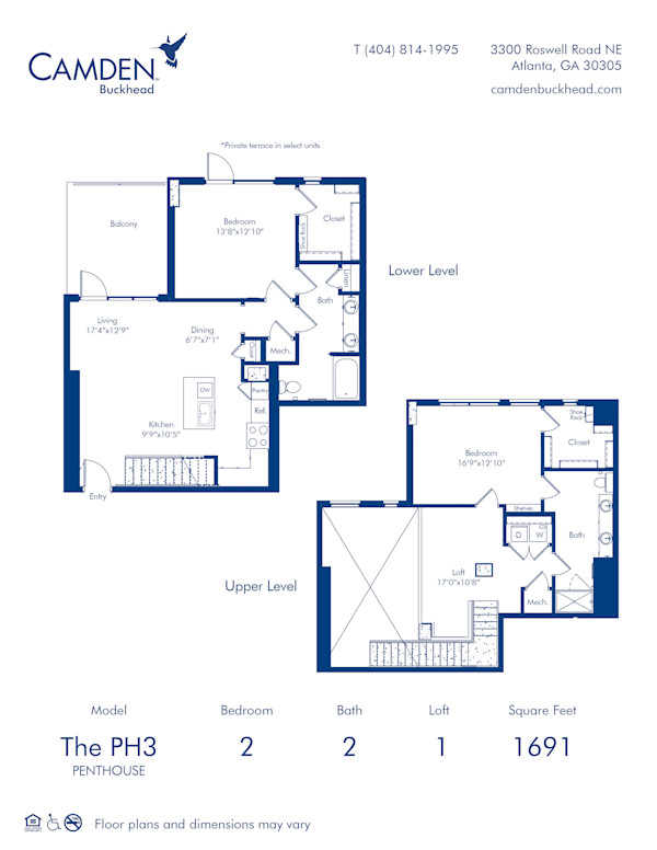 2 bed x 2 bath floor plan (PH3) at Camden Buckhead apartments in Atlanta, Georgia