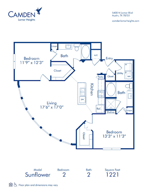 Blueprint of Sunflower Floor Plan, 2 Bedrooms and 2 Bathrooms at Camden Lamar Heights Apartments in Austin, TX