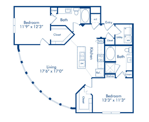 Blueprint of Sunflower Floor Plan, 2 Bedrooms and 2 Bathrooms at Camden Lamar Heights Apartments in Austin, TX