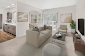 Open-concept living and dining room with private balcony at Camden Westwood apartments in Morrisville, NC