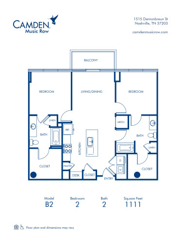 Blueprint of B2 Floor Plan, 2 Bedrooms and 2 Bathrooms at Camden Music Row Apartments in Nashville, TN
