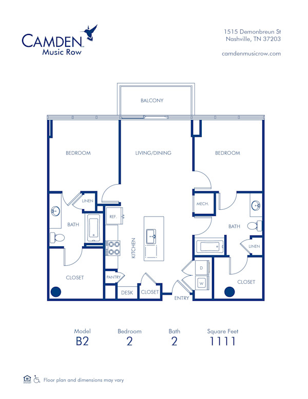 Blueprint of B2 Floor Plan, 2 Bedrooms and 2 Bathrooms at Camden Music Row Apartments in Nashville, TN