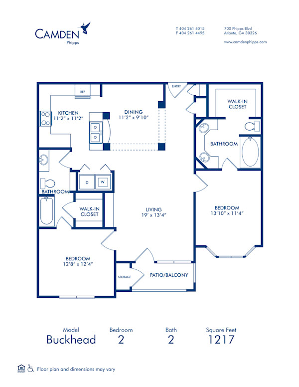 Blueprint of Buckhead Floor Plan, 2 Bedrooms and 2 Bathrooms at Camden Phipps Apartments in Atlanta, GA
