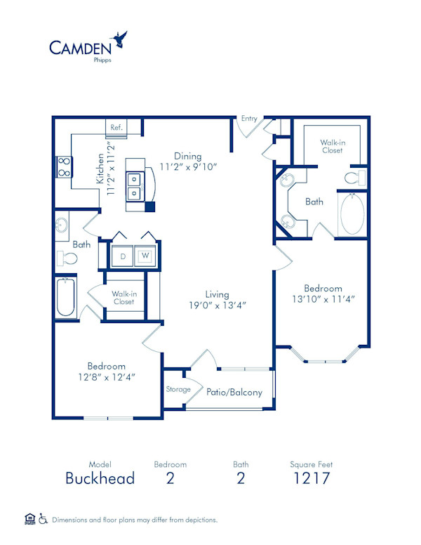 Blueprint of Buckhead Floor Plan, 2 Bedrooms and 2 Bathrooms at Camden Phipps Apartments in Atlanta, GA