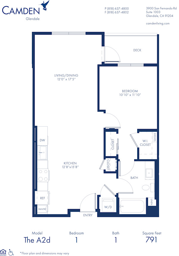 Blueprint of A2D Floor Plan, 1 Bedroom and 1 Bathroom at Camden Glendale Apartments in Glendale, CA