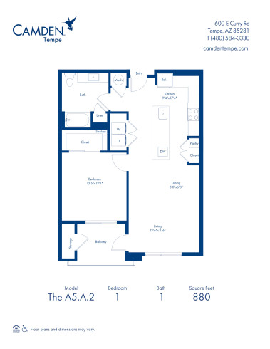 Camden Tempe apartments in Tempe, Arizona, one bedroom floor plan A5.A.2